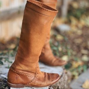Frye Paige huarache distressed cognac tall boots